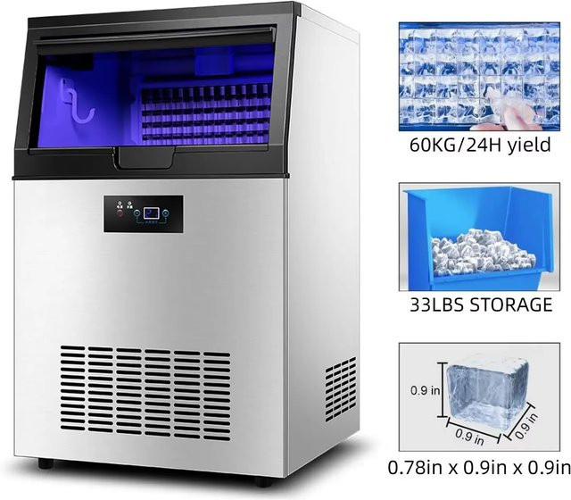 SIHAO Gewerbliche Eismaschine aus Edelstahl in Silber, Hochleistungs-Würfeleismaschine mit 60 kg/h bei 220V für Café, Bar und Milchtee-Laden - Bild 1