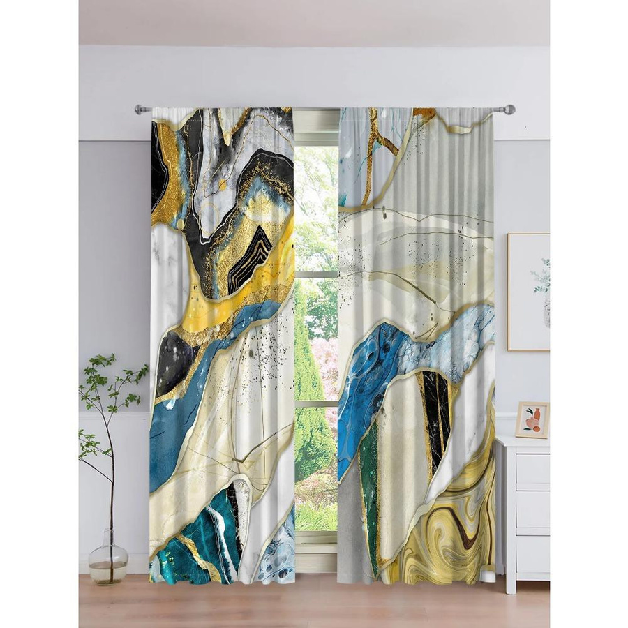 2er-Set Yiran Furniture Vorhänge mit Marmor-Textur in Gelb, Blau, Grau und Gold, halbtransparent, Polyester, B: 100 cm, H: 130 cm - Bild 3