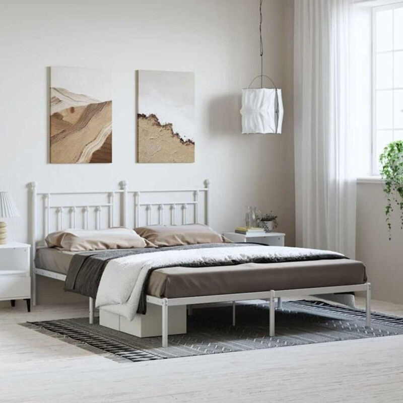 Vidaxl Metallbett mit Kopfteil in Weiß, Klassisches Bettgestell aus Stahl, B/T/H: 183 x 213 x 97 cm - Bild 1