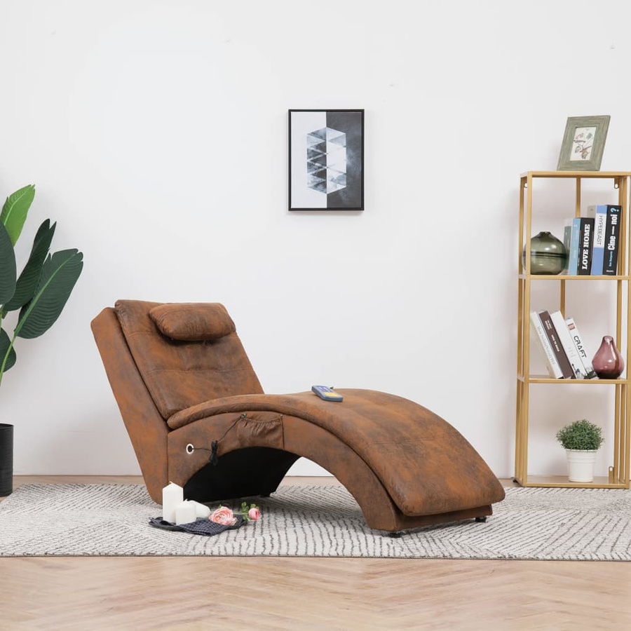 vidaXL Massage Chaiselongue mit Kissen in Braun aus Kunstwildleder mit ergonomischer Kurve und motorisierter Liegefunktion, B/T/H: 142 x 73 x 55 cm - Bild 5