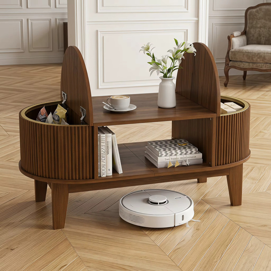 Moderner ovaler Couchtisch WoodenAura aus Walnussholz mit Aufbewahrungsfächern im skandinavischen Design, Farbe: Walnuss, B/T: 100 x 50 cm - Bild 5