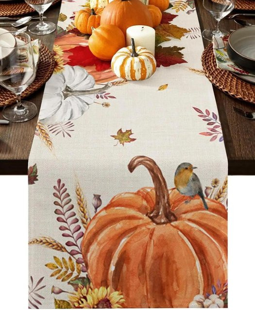 JINGYUE Pet Leinen Tischläufer mit Herbst-Ernte-Kürbis-Motiv in Braun und Beige, B/T: 150 x 33 cm - Bild 1