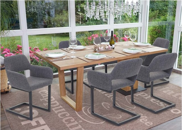 6er-Set MCW Esszimmerstühle A50 II Freischwinger im Retro 50er Jahre Design mit Armlehnen aus grauem Stoff und pulverbeschichtetem Metall - Bild 1