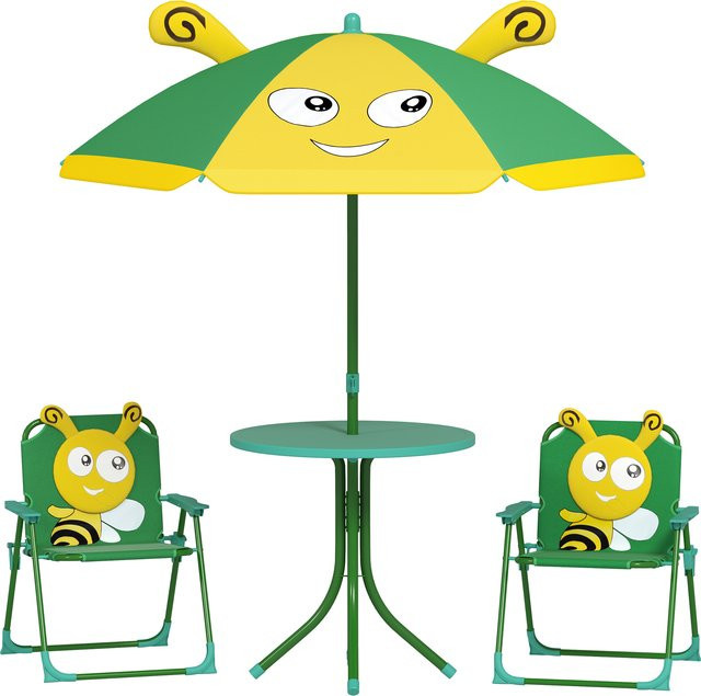 AIYAPLAY 4er Set Kindersitzgruppe Gartenmöbel mit Gartentisch, 2 Klappstühlen und höhenverstellbarem Sonnenschirm, Bienen-Muster, Grün - Bild 1