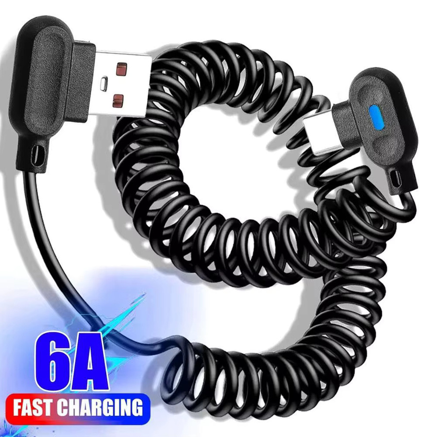USB-C Schnellladekabel mit 6A Dual 90 Grad abgewinkeltem Stecker und leuchtender Lichtfederspule in Schwarz für Huawei und Honor Smartphones - Bild 3