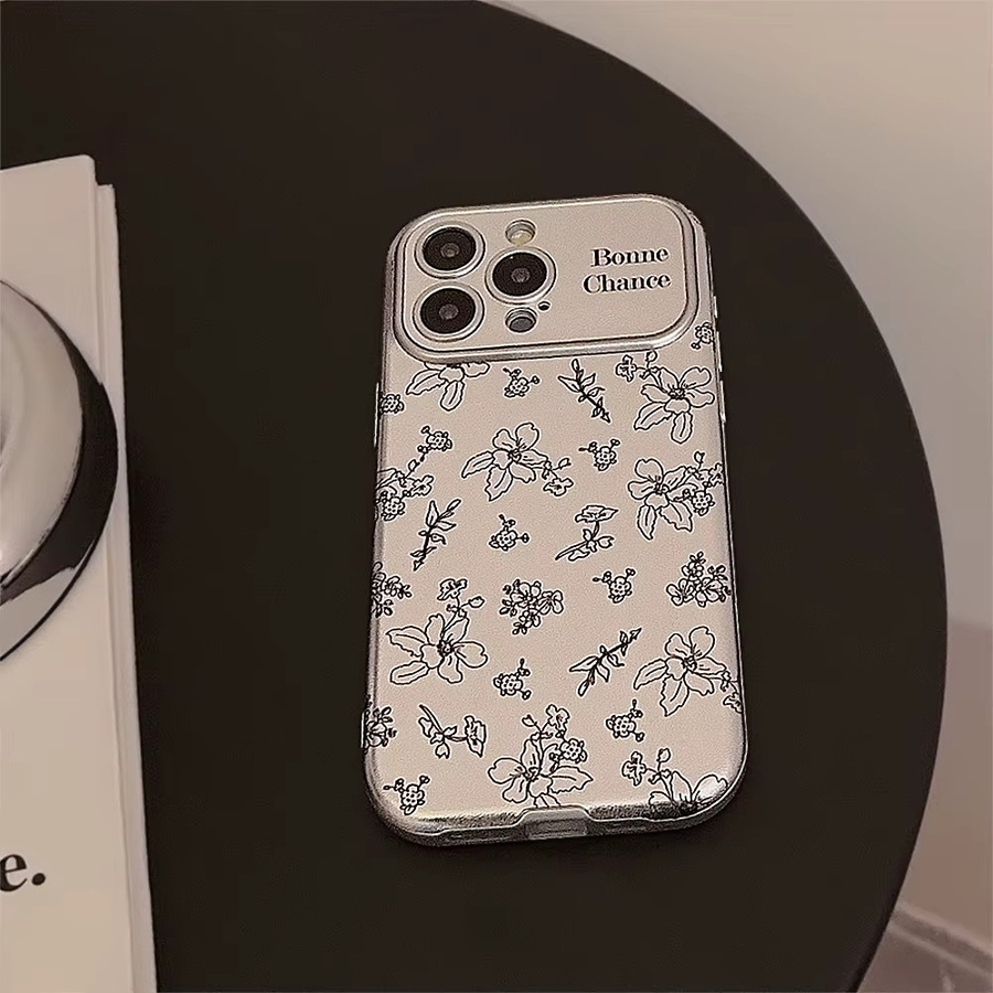 MUQGEW Handyhülle mit koreanischem Retro-Blumenmuster und silbernem Rand in Lederstruktur für iPhone 11 bis iPhone 17 Pro Max Plus, stoßfeste Abdeckung, Silber - Bild 4