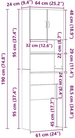 Waschmaschinenunterschrank Yiwydaa in Grau, B/T/H: 64 x 24 x 190 cm