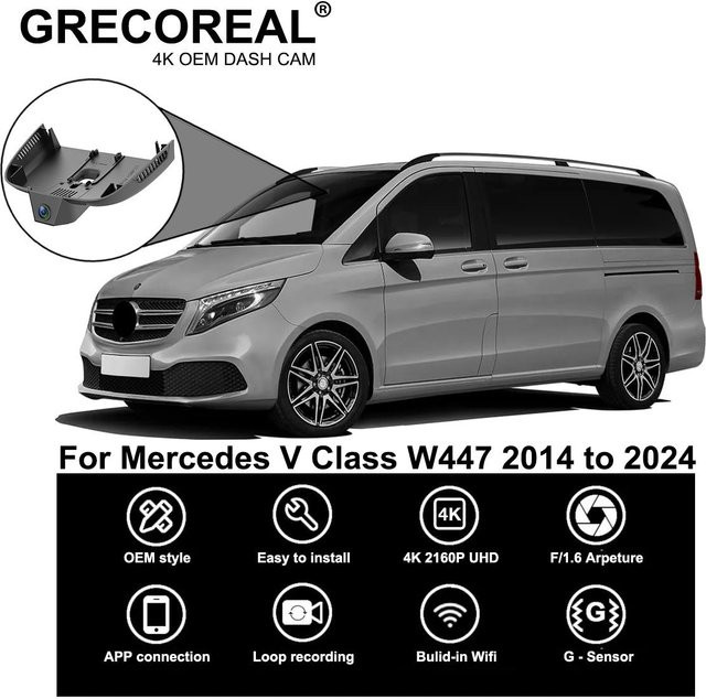GRECOREAL 4K Dash Cam Dual Dashcam vorne und hinten mit WiFi, 2160P UHD, Schwarz, kompatibel mit Mercedes Benz V-Klasse W447 - Bild 1
