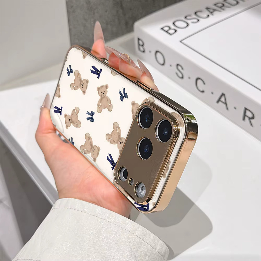 Potdemiel Handyhülle für iPhone 17 16 15 14 13 12 11 Pro Max 16E in Gold mit Teddybären und Schleifen-Design aus galvanisierter Glasschale - Bild 2