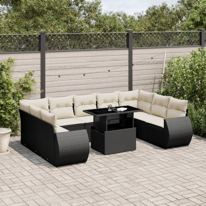 10-tlg. Garten-Sofagarnitur aus Poly-Rattan mit Kissen in Schwarz von vidaxl - Bild 1