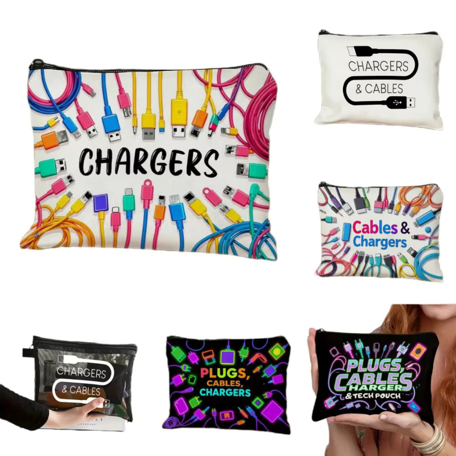 Aufbewahrungstasche aus Segeltuch mit bedrucktem Design als Kabel-Organizer und Elektronik-Tasche für Ladegeräte - Bild 2