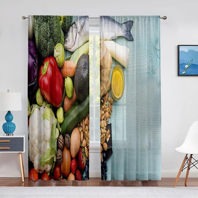 2er-Set Vorhänge mit Gemüse- und Fruchtdruck für die Küche, halbtransparent, mehrfarbig, Höhe: 130 cm, Breite: 100 cm - Bild 1