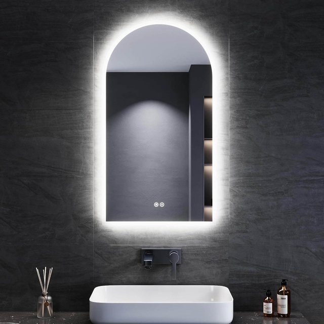 SONNI Badezimmerspiegel mit LED-Beleuchtung in Schwarz, Bogenform mit Touch-Bedienung, Anti-Beschlag-Funktion und Steckdose, dimmbar in 3 Farben, B/H: 90 x 50 cm - Bild 1