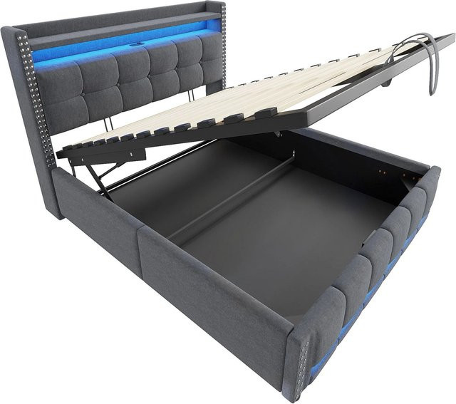 Merax Polsterbett mit Hydraulik, LED-Unterbettbeleuchtung und USB-Anschluss, Farbe Grau, B/T/H: 140 x 200 x 115 cm - Bild 1