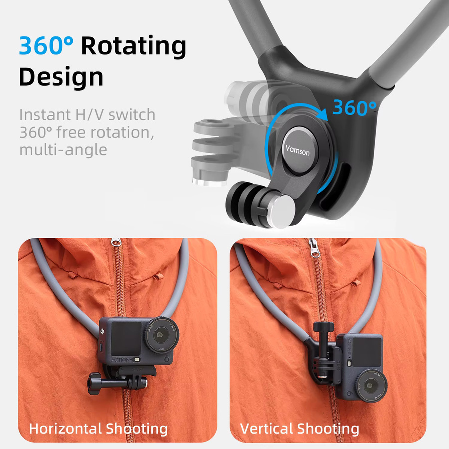 Vamson 360 Grad drehbare Halshalterung für DJI Action 6 5 Pro 4 3 Nano und 360 POV Brusthalterung in Schwarz für freihändige Vlog-Aufnahmen und Fahrrad-Zubehör - Bild 3