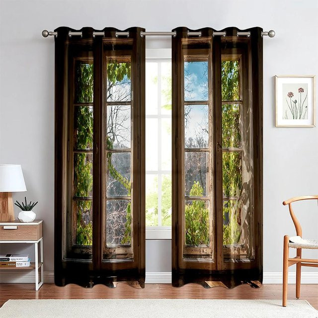 Yiran Furniture 2er-Set Vorhänge mit 3D-Landschaftsmotiv Wald und Meer, halbtransparent, Polyester, Mehrfarbig, B: 200 cm, H: 240 cm - Bild 1