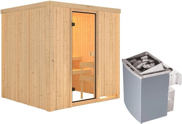 Karibu Sauna Tromsö in Braun mit 9 kW Ofen, integrierter Steuerung und bronzierter Glastür, B/T/H: 196 x 198 x 178 cm - Bild 1