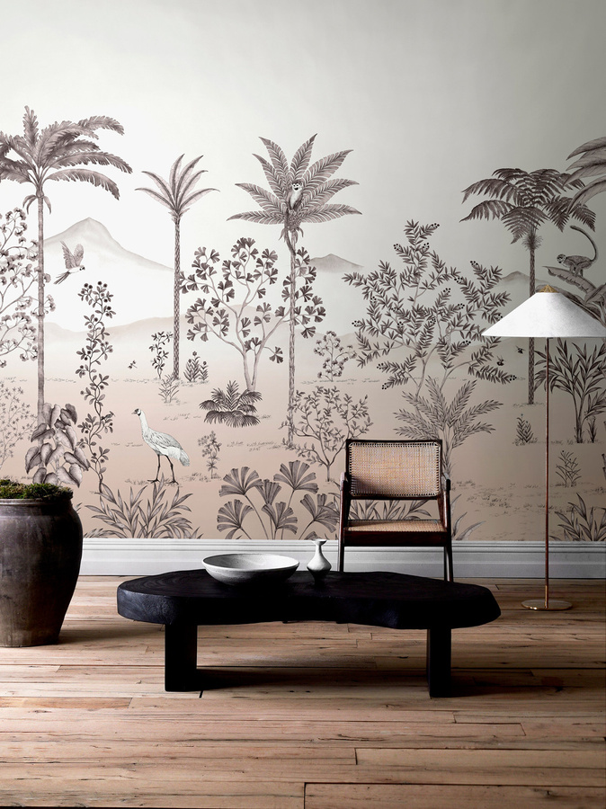 Isidore Leroy Mural Jardin des Oiseaux Bois de Rose Wandtattoo Panel B in Pink, Grau, Beige und Multicolour mit floralem und orientalischem Design - Bild 1