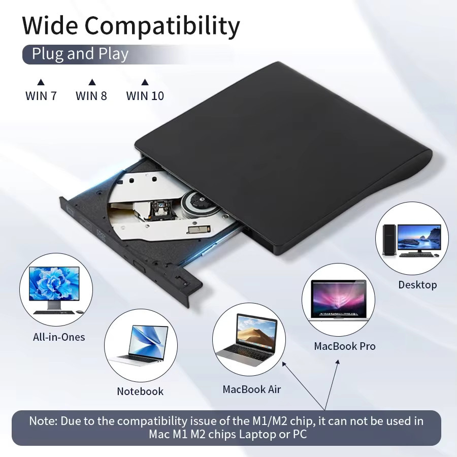 GGBEE Externes 2-in-1 Optisches Laufwerk mit USB-C und USB 3.0, Tragbarer DVD-Brenner und CD-RW Recorder in Schwarz - Bild 2