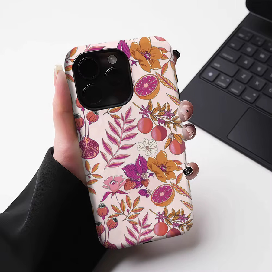 Robuste zweilagige Handyhülle mit Frucht- und Blumenmuster für iPhone 17 16 15 14 13 Pro Max Plus, Pink/Mehrfarbig, Magnetisch kompatibel - Bild 4