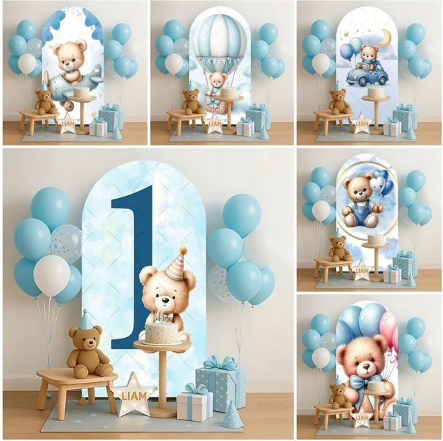 Mossiaiy Party-Dekoration Teddybär und blauer Heißluftballon Bogen-Hintergrund für Kindergeburtstag und Baby-Shower aus Textil - Bild 1