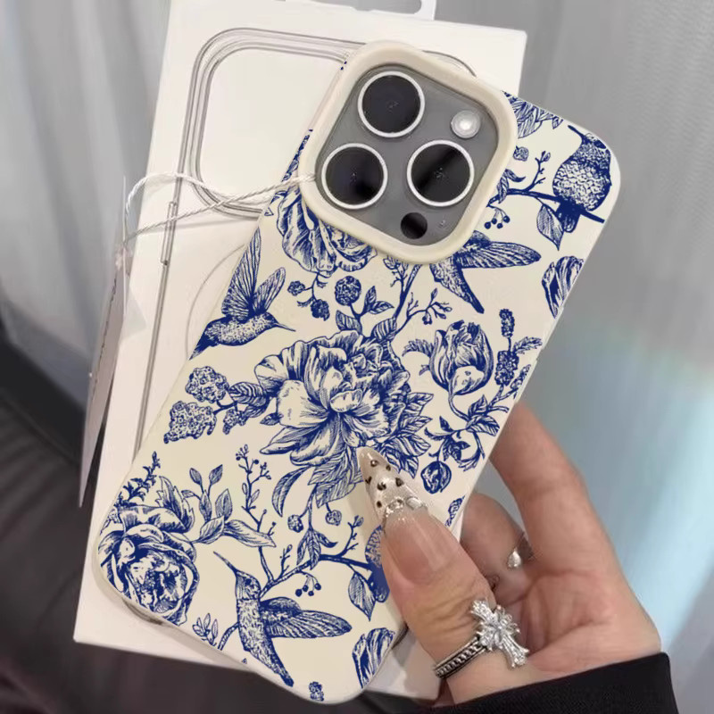 Blaue Handyhülle mit Retro-Blumen- und Vogelmuster für Apple iPhone 11 bis iPhone 17 Pro Max Soft Cover - Bild 2