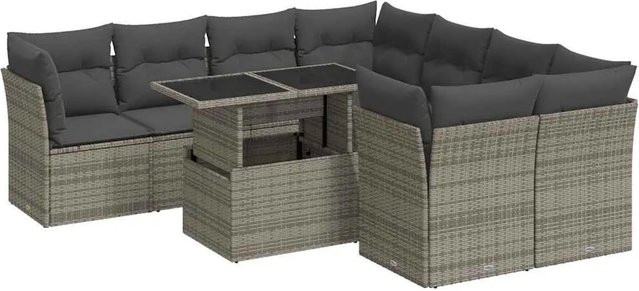 vidaXL 9-teilige Garten-Sofagarnitur in L-Form aus grauem Poly-Rattan mit Kissen und Tisch - Bild 1