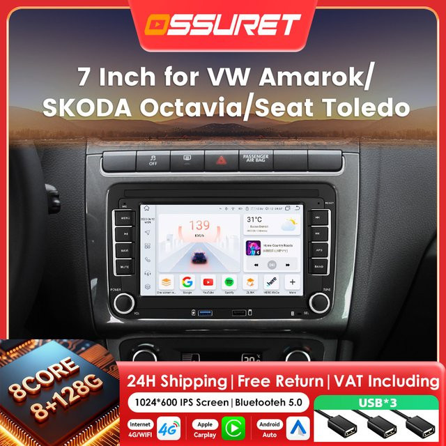 OSSURET 7 Zoll Android Auto und Apple CarPlay Autoradio in Schwarz für VW Polo, Golf 5, 6 Plus, Passat B6, Jetta, Tiguan, Touran, Sharan, Scirocco und Caddy - Bild 1