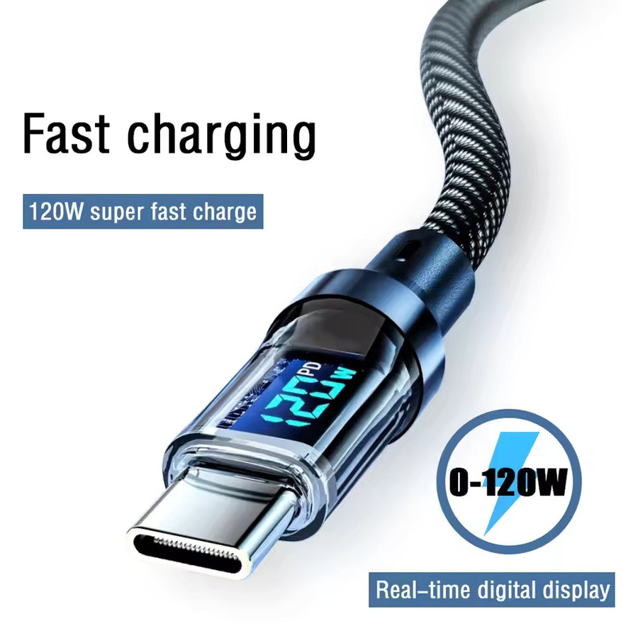 USB-A auf USB-C Schnellladekabel mit 120 W Leistung und LED-Digitalanzeige in Schwarz - Bild 6