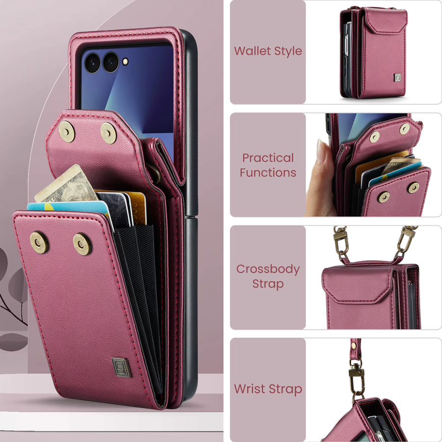 Premium Leder Crossbody Schutzhülle mit Kartenfächern und Lanyard für Samsung Galaxy Z Flip7, Flip6, Flip5 und Flip7FE in Pink - Bild 2