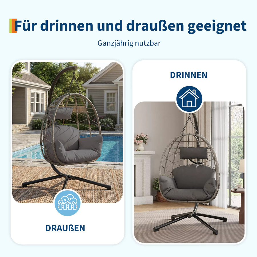 HiMISS Polyrattan Hängesessel Egg Design in Grau mit Kissen und Abdeckung für Garten und Terrasse - Bild 2