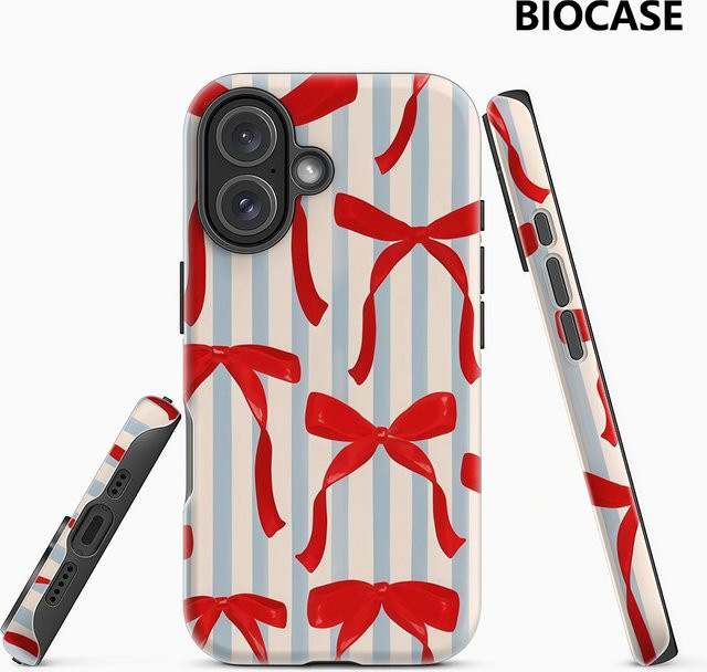 Potdemiel Handyhülle mit rotem Schleifenmuster und blau-weißem Streifendesign für iPhone 17 16 15 14 13 12 Pro Max Plus mit doppelschichtiger Rückseite - Bild 1