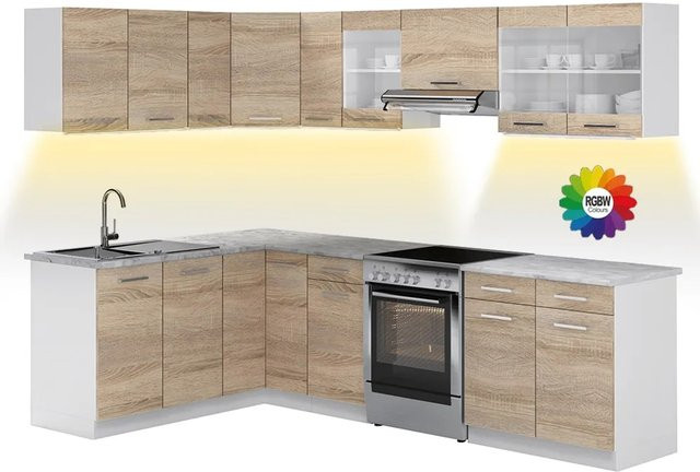 Vicco Eckküche Rick in Weiß/Sonoma mit Marmor-Optik und LED-Leisten, B/H: 267 x 167 cm - Bild 1