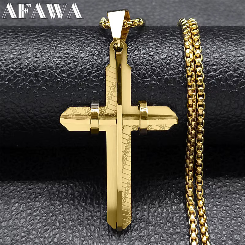 AFAWA Halskette Jesus-Kreuz, Edelstahl, Gold, Herren - Bild 1
