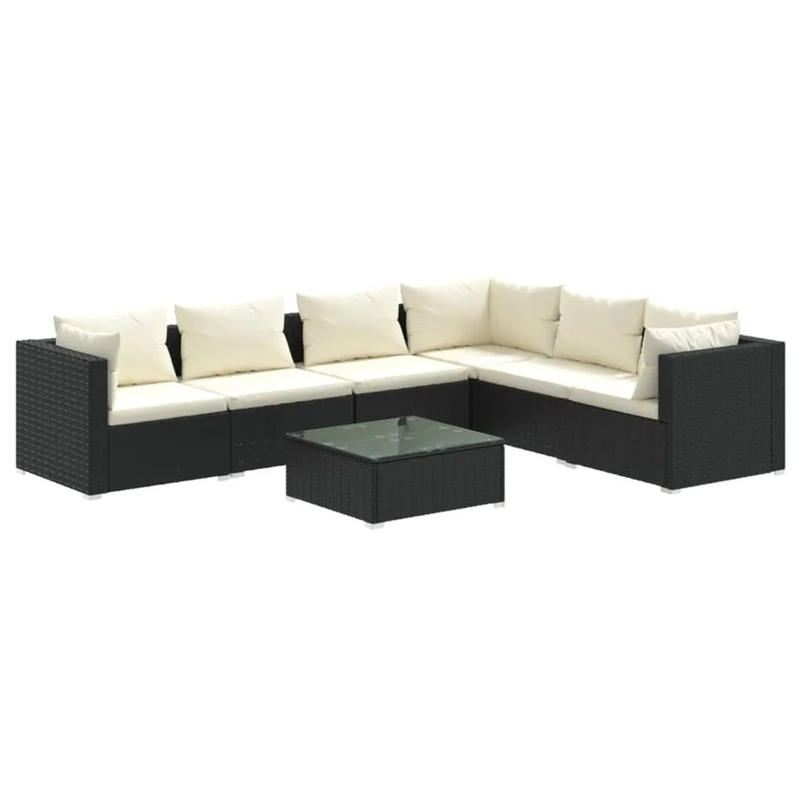 vidaXL 7-tlg. Garten-Lounge-Set aus Poly Rattan in Schwarz mit beigen Kissen und Couchtisch in L-Form - Bild 2