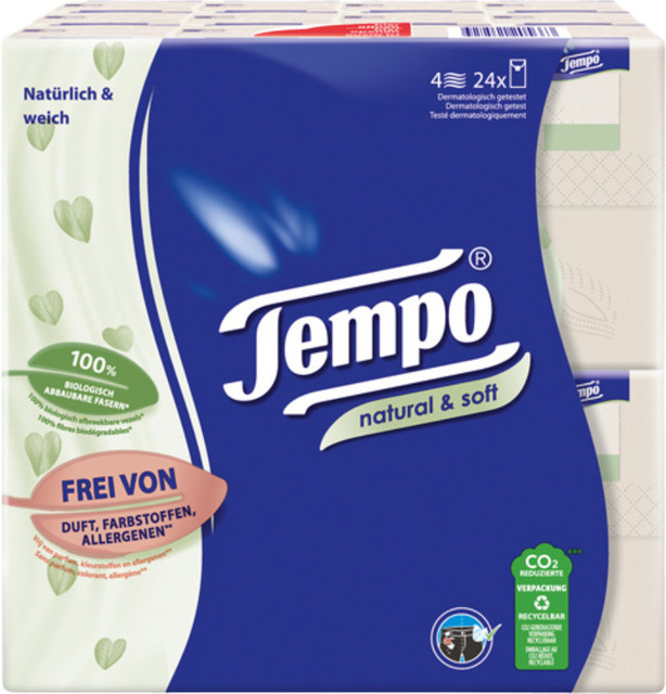 Tempo Taschentücher Natural & Soft, 216 Stück (24 Packungen à 9 Stück) - Bild 1