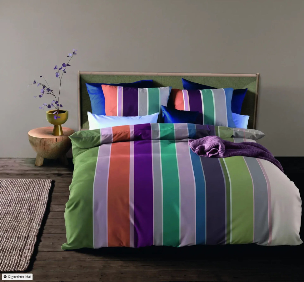 Fleuresse Mako-Satin Bettwäsche mit Deckenbezug und Kissenbezug in Grün Oliv Bunt gestreift, B/T/H: 135 x 200 cm und 80 x 80 cm - Bild 1