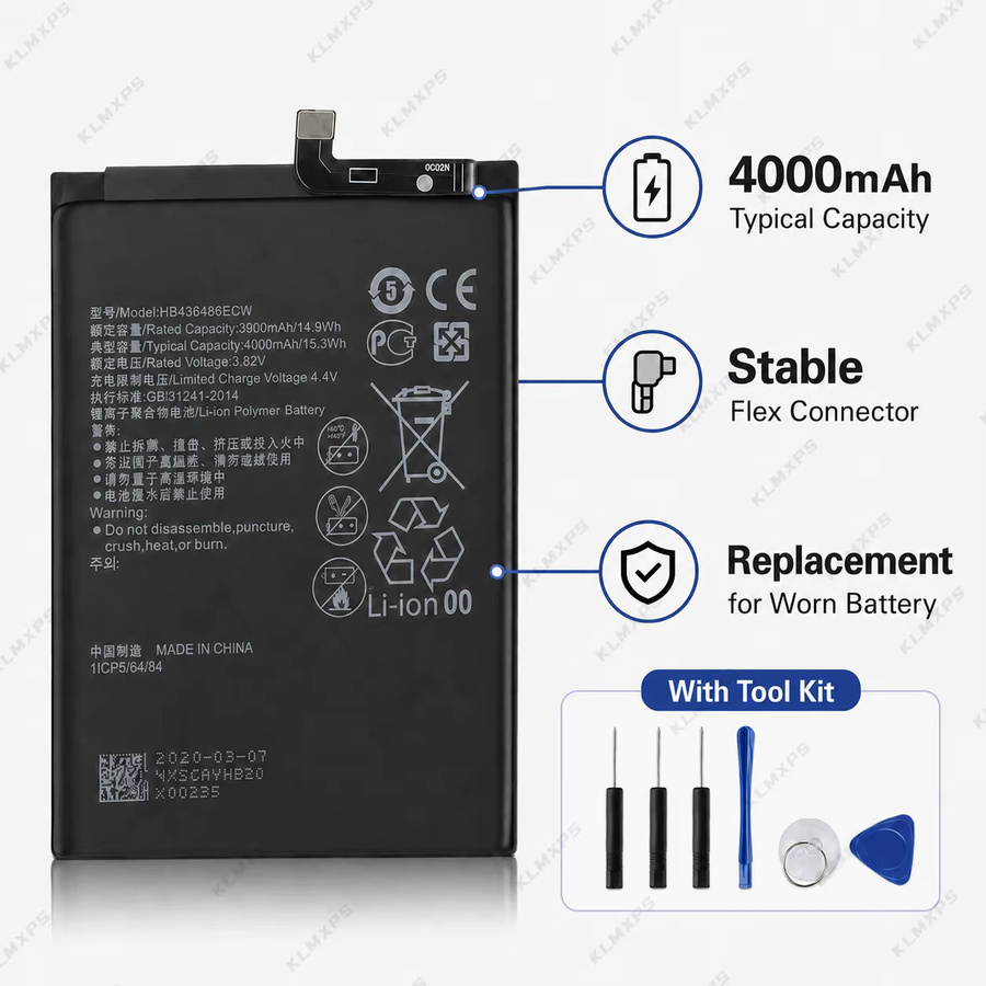 HB436486ECW Li-Polymer Akku 4000mAh 3,82V in Schwarz für Huawei Mate 10 Pro, P20 Pro, Honor 20 Pro, View 20, Nova 5Z und 5i Pro Reparatur-Set - Bild 2