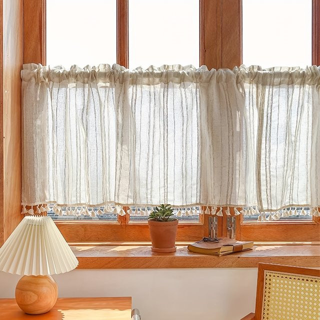 CENTURyMiG Kurzvorhang im japanischen Stil aus Baumwoll-Leinen-Mix, Beige, gestreift, halbtransparent, B/H: 45 x 132 cm - Bild 1