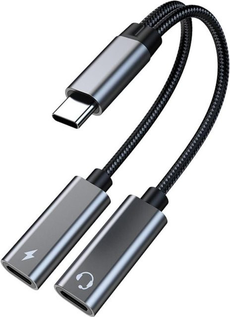MicroConnect USB-C auf USB-C Adapter für Kopfhörer und Laden, 24-polig USB-C männlich zu USB-C Audio und USB-C Power Delivery 60 W, Silber, Länge: 13 cm - Bild 1
