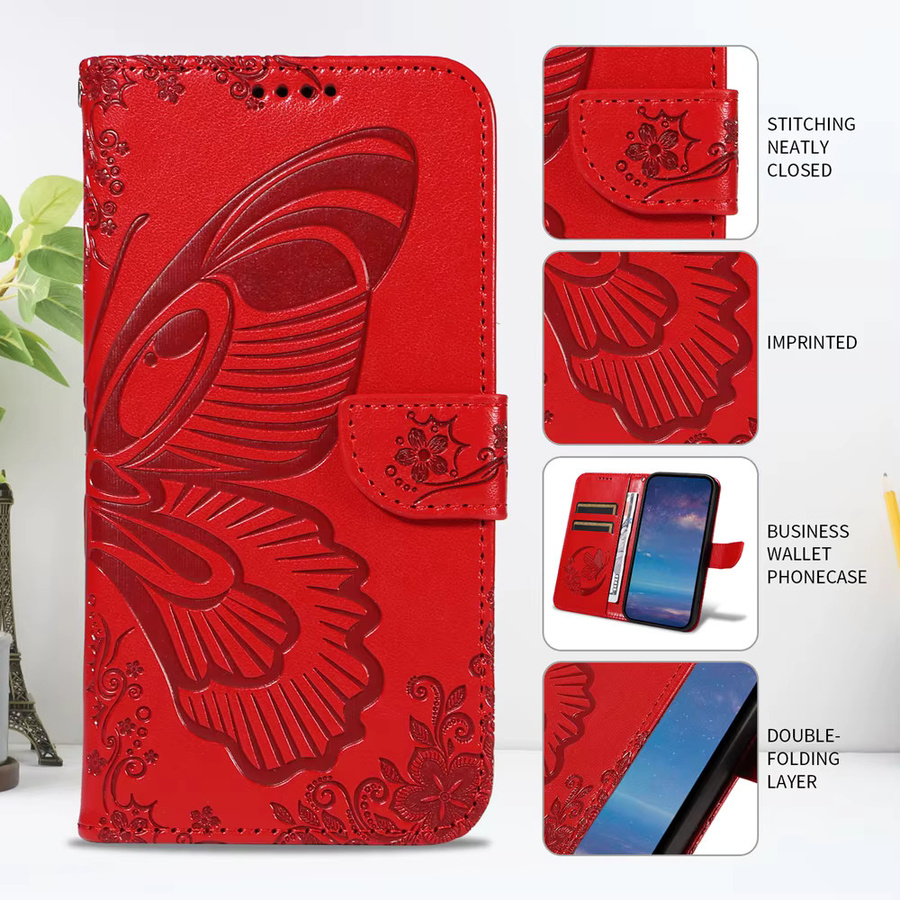 Magnetische Leder-Brieftaschenhülle für OPPO Realme 15 15T 14 14T 14X Pro Plus 5G mit Ständer und 3D-Schmetterlingsdesign in Rot - Bild 4