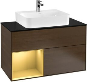 V&B Waschtischunterschrank Finion 100 mit Wandbeleuchtung in Platin Blau Matt, Regal rechts Gold Matt, Wandventil, Breite: 100 cm, Höhe: 50,1 cm, Tiefe: 50,1 cm - Bild 1