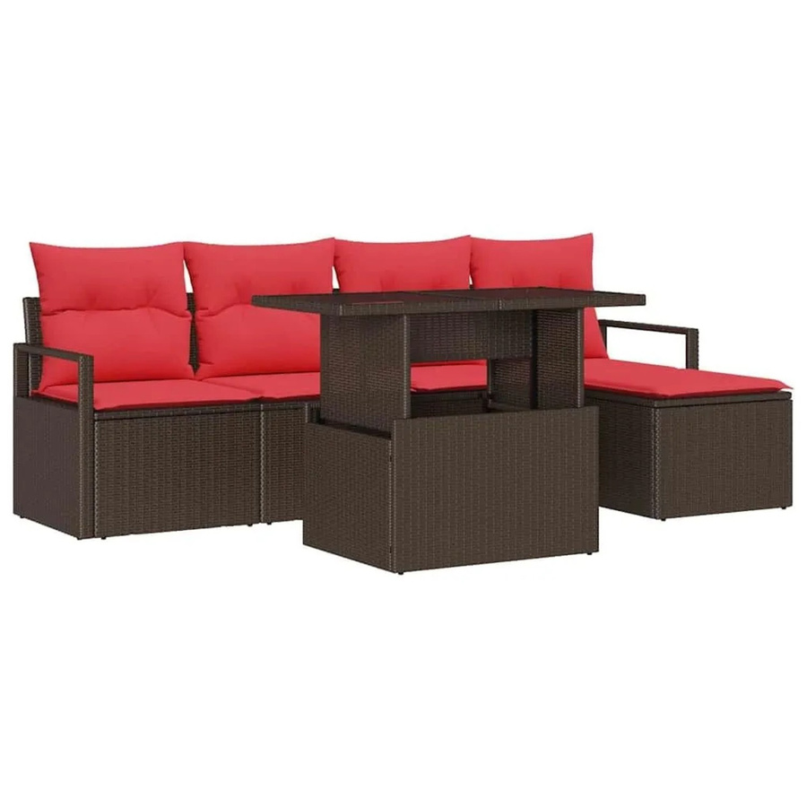 vidaXL 6-teiliges Gartensofa-Set aus Poly-Rattan in Braun und Rot mit L-Form, Polsterung und integriertem Stauraum für Terrasse und Garten - Bild 2