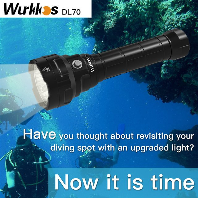 Wurkkos DL70 Scuba-Taschenlampe in Schwarz mit 13000 lm, wasserdichte LED-Unterwasserlaterne IPX8 aus Aluminium mit 4 x XHP50B LEDs - Bild 1