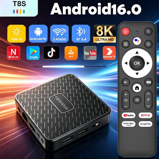Android 16 Smart TV Box T8S RK3518 Media Streamer mit Bluetooth 5.4 und Dual WiFi 6, Schwarz - Bild 1