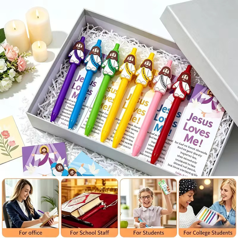 Set aus christlichen Kugelschreibern für Ostern und Weihnachten mit Jesus liebt dich Grußkarte und goldfarbenem Krawattenbinder, mehrfarbig - Bild 2