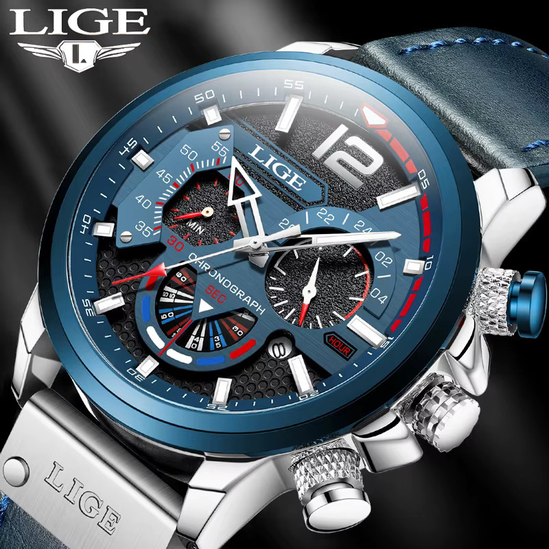 LIGE Chronograph Herrenuhr, Quarz, Leder, Edelstahl, Silver blue - Bild 2