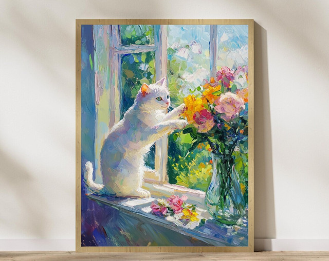 SHENCHEN Impasto Wandbild Dekoration Weiße Katze mit Blumen in Spachteltechnik auf Holz - Bild 1