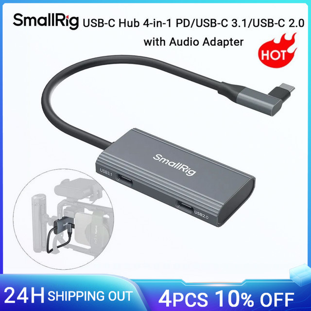 SmallRig 4-in-1 USB-C Hub mit PD, USB-C 3.1, USB-C 2.0 und Audioadapter in Grau für mobile 4K 60fps ProRes-Videoaufnahmen - Bild 1