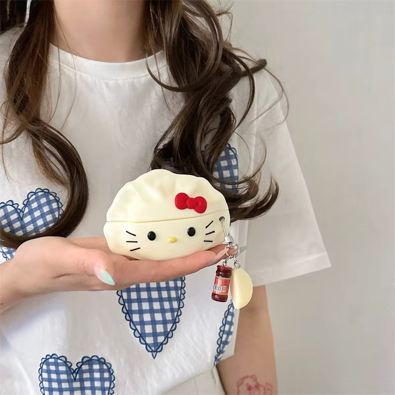 3D Dumpling Cat Schutzhülle für Apple AirPods Pro 1 2 3 4 in Weiß mit Hakenverschluss - Bild 2